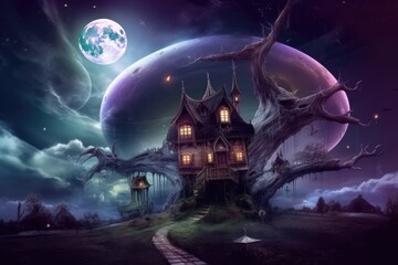 Psychedelic illustration of a nightmare with strange creatures and figures, cosmic fantasy - generative ai