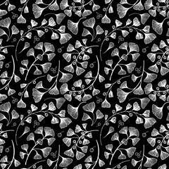 Ginkgo biloba seamless pattern. Black and white floral print with ginkgo biloba leaves and branches.