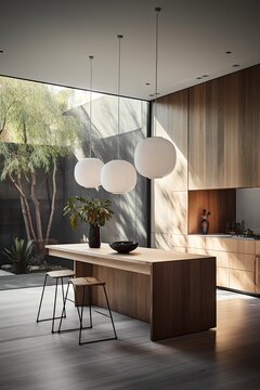 Minimalism style interior design, Kitchen with island and big window, residential house design, ai generative