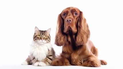 白い背景で隔離された犬のロシアンスパニエルと猫のスコティッシュストレートの肖像画