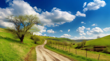 Fototapeta na wymiar landscape with road, grass and sky