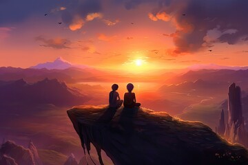 Fototapeta na wymiar Two friends sitting on a cliff and looking at the mountains and the sunset, fantasy, anime - generative ai