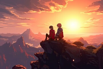 Two friends sitting on a cliff and looking at the mountains and the sunset, fantasy, anime - generative ai