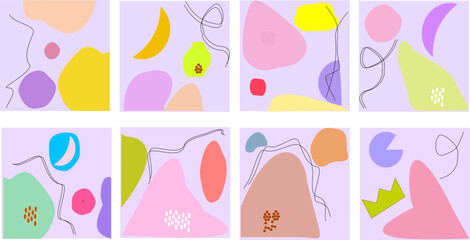 A set of eight abstract backgrounds. Pastel color. Hands drawn various shapes and doodle objects. Contemparary modern trendy vector illustrations. Each background is isolated.