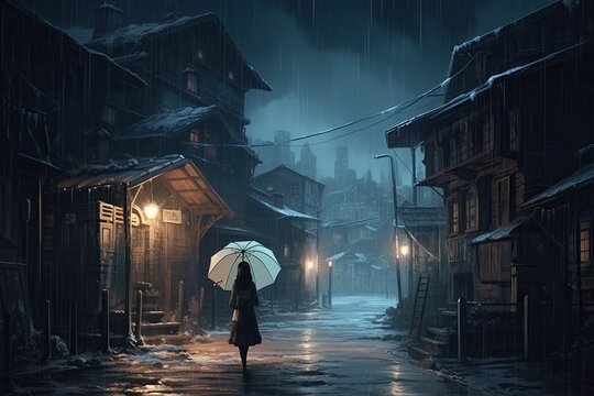 Woman holding umbrella standing alone in abandoned city on a rainy winter night, fantasy, anime - generative ai	