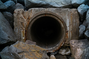 Gran tubería de hormigón para drenar aguas residuales al mar