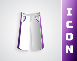 Paper cut Pants icon isolated on grey background. Trousers sign. Paper art style. Vector