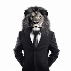 Lion in a formal business suit, an animal in human clothes, in front of a white background. Generative AI
