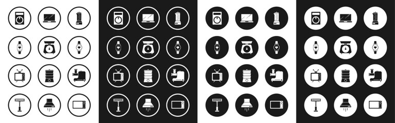Set Blender, Scales, Smart watch showing heart beat rate, Remote control, Laptop, Kitchen meat grinder and Television icon. Vector