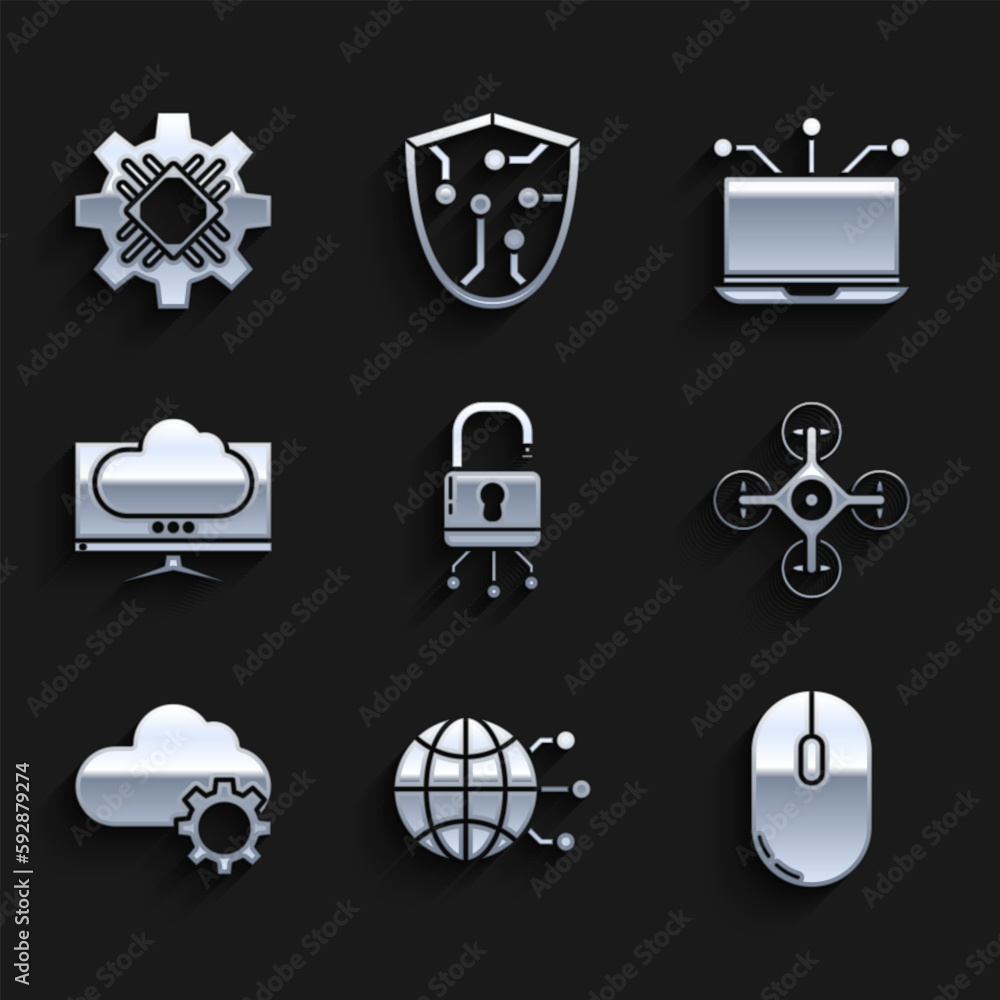 Poster set lock on digital circuit board, global technology or social network, computer mouse, drone, cloud