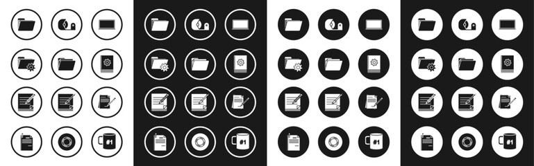 Set Laptop, Document folder, Folder settings with gears, User manual, Scotch, Blank notebook and pencil eraser and icon. Vector