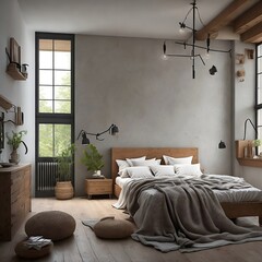 Minimalist interior of a bedroom, generative ai