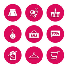 Set Hanging sign with Sale, Hanger wardrobe, Shopping cart, Seventy discount percent tag, Discount, Earring, basket and Skirt icon. Vector
