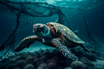 Obraz premium Sea Turtle on polluted reef with ropes and nets underwater. Generative AI