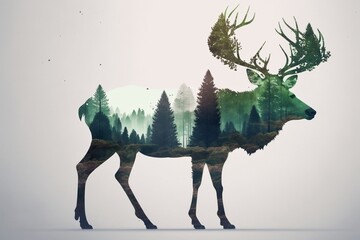 Deer Silhouette in Pine Forest with Birds, White Background - Illustration, Generative Ai