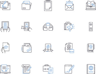 Office design outline icons collection. Office, Design, Interior, Decoration, Layout, Arrangement, Architecture vector and illustration concept set. Furnishings, Colors, Lighting linear signs