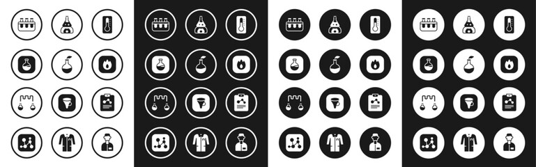 Set Medical thermometer, Plant breeding, Test tube and flask, Fire flame, on fire, Chemistry report and icon. Vector
