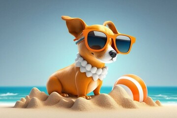 Cute 3D Cartoon Dog with Sunglasses Enjoying Summer on the Beach, Generative Ai