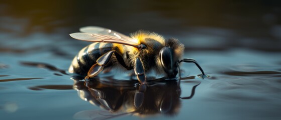 Bee on water, bee drinking water. Generative AI