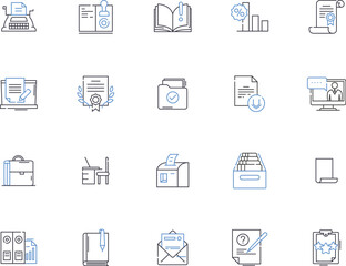 Business office outline icons collection. Office, Business, Building, Desk, Suite, Chair, Computer vector and illustration concept set. Furniture, Printer, Meeting linear signs