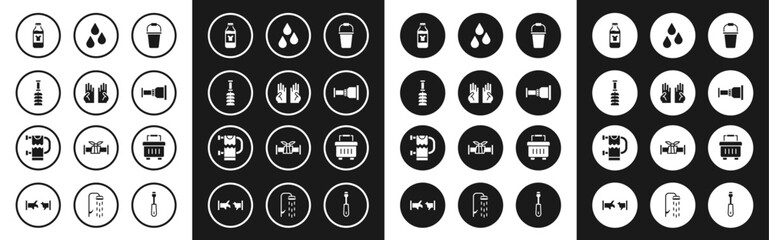 Set Bucket, Rubber gloves, Toilet brush, Bottle for cleaning agent, Pipe adapter, Water drop, Toolbox and Heated towel rail icon. Vector