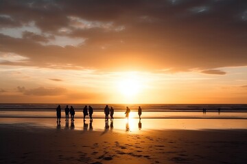 Sillhouette of people walking on a beach in the evening light, ai generated, Generative AI