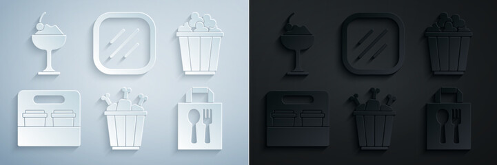 Set Chicken leg in package box, Popcorn, Coffee cup to go, Online ordering and delivery, Steak meat and Ice cream bowl icon. Vector