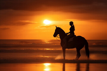 Silhouette of woman riding a horse during sunset at beach. Generative AI illustration