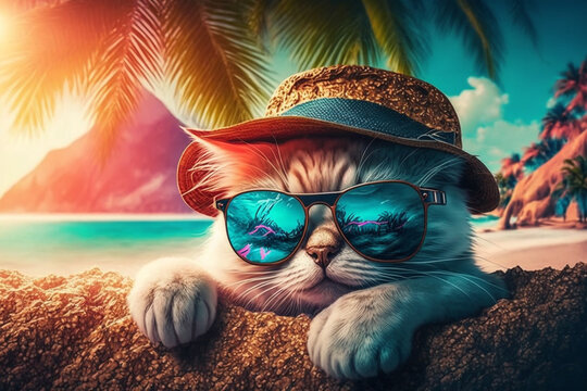 A cute cat in a hat and dark glasses rests on the seashore under palm trees. AI Generated