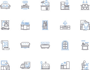 Furniture outline icons collection. Couch, Chair, Table, Desk, Bed, Bookcase, Dresser vector and illustration concept set. Ottoman, Sofa, Shelves linear signs
