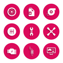 Set Wrench spanner, Car muffler, Diagnostics condition of car, Wheel wrench, Check engine, Gear shifter, Automotive turbocharger and Alloy wheel icon. Vector