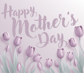 Happy Mothers Day paper craft or paper cut origami style floral tulip flowers design. With lilac tulips background corner frame design elements.