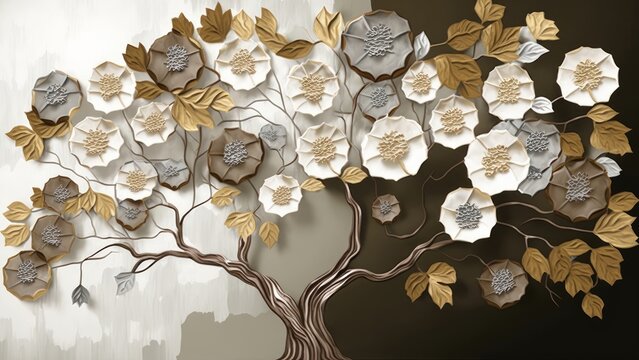 3d illustration painted mural wallpaper. tree with golden and white and brown flowers in light background, Generative AI