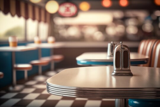 Vintage 50s Diner Table Setting With Blurred Restaurant Background, Generative Ai