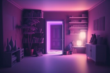 Illustration of a Dreamy Purple Bedroom Interior with Neon Purple Lighting, Generative Ai