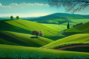 Illustration of a serene landscape featuring a lush green tree created with Generative AI technology