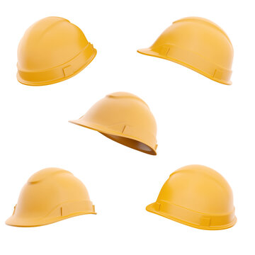 3d rendering orange construction helmet icon set. 3d render protective equipment different positions icon set.