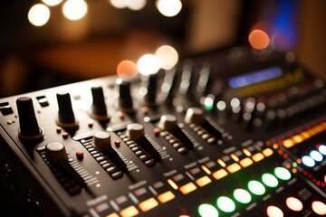 Fototapeta na wymiar Close-up of a Sound Engineer in a Recording Studio Operating Mixing Equipment, Generative Ai