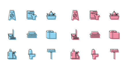Set line Plastic bottles for liquid dishwashing liquid, Toilet bowl, Wet floor and cleaning progress, Squeegee, scraper, wiper, Brush, paper roll, Mop bucket and Washer t-shirt icon. Vector