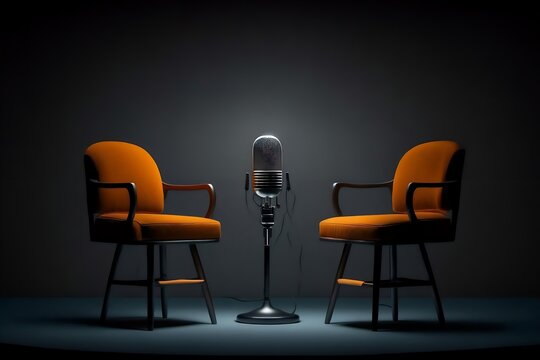 Podcast Studio interior with two chairs and spotlights in a podcast or interview room on dark background, Generative Ai