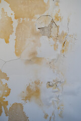 Leaky roof dampness in bedroom ceiling. Damaged wall with chipped paint and plaster in traces of...