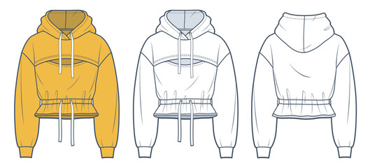 Cropped Hoodie technical fashion illustration. Hooded Sweatshirt fashion flat technical drawing template, front and back view, white, yellow color, women, men, unisex CAD mockup set. © Liubov Hladka