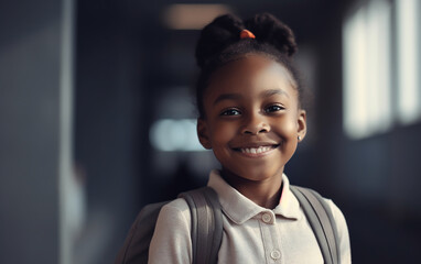 Dark-skinned black african american girl smiling portrait at school. Happy child. Cute kid. Generative AI 