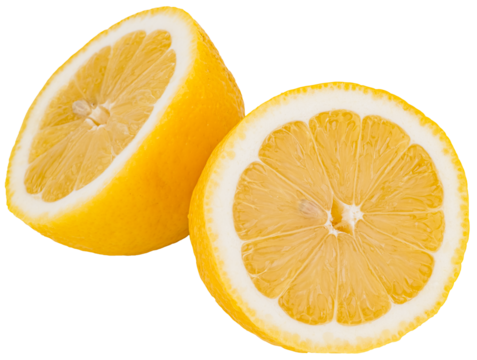 Close-up of two halves of yellow lemons, citrus fruit cut in half, isolated on transparent png background