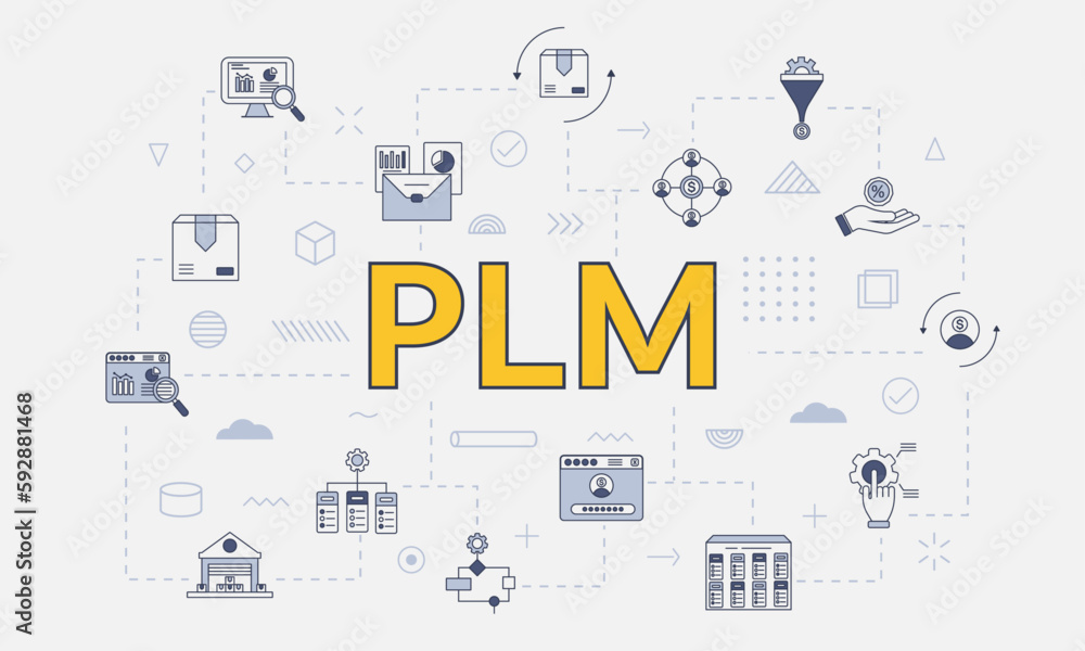 Poster plm concept with icon set with big word or text on center