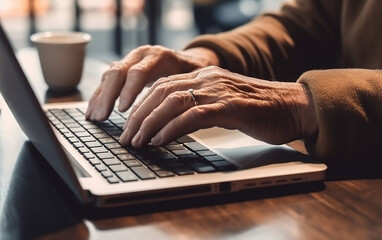 Senior hands typing on laptop in coffee house setting. Generative AI