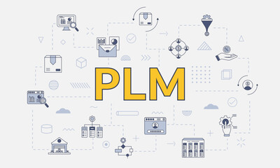 plm concept with icon set with big word or text on center