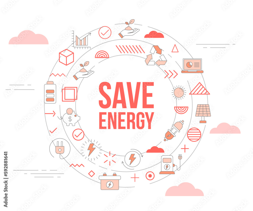 Poster save energy concept with icon set template banner and circle round shape