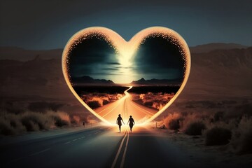 Two individuals walking down a road with a heart-shaped picture in the sky, Generative Ai
