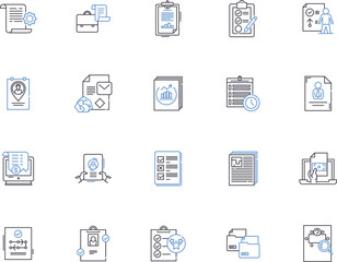 Documents outline icons collection. Files, Records, Papers, Forms, Certificates, Contracts, Letters vector and illustration concept set. Memos, Reports, Specifications linear signs